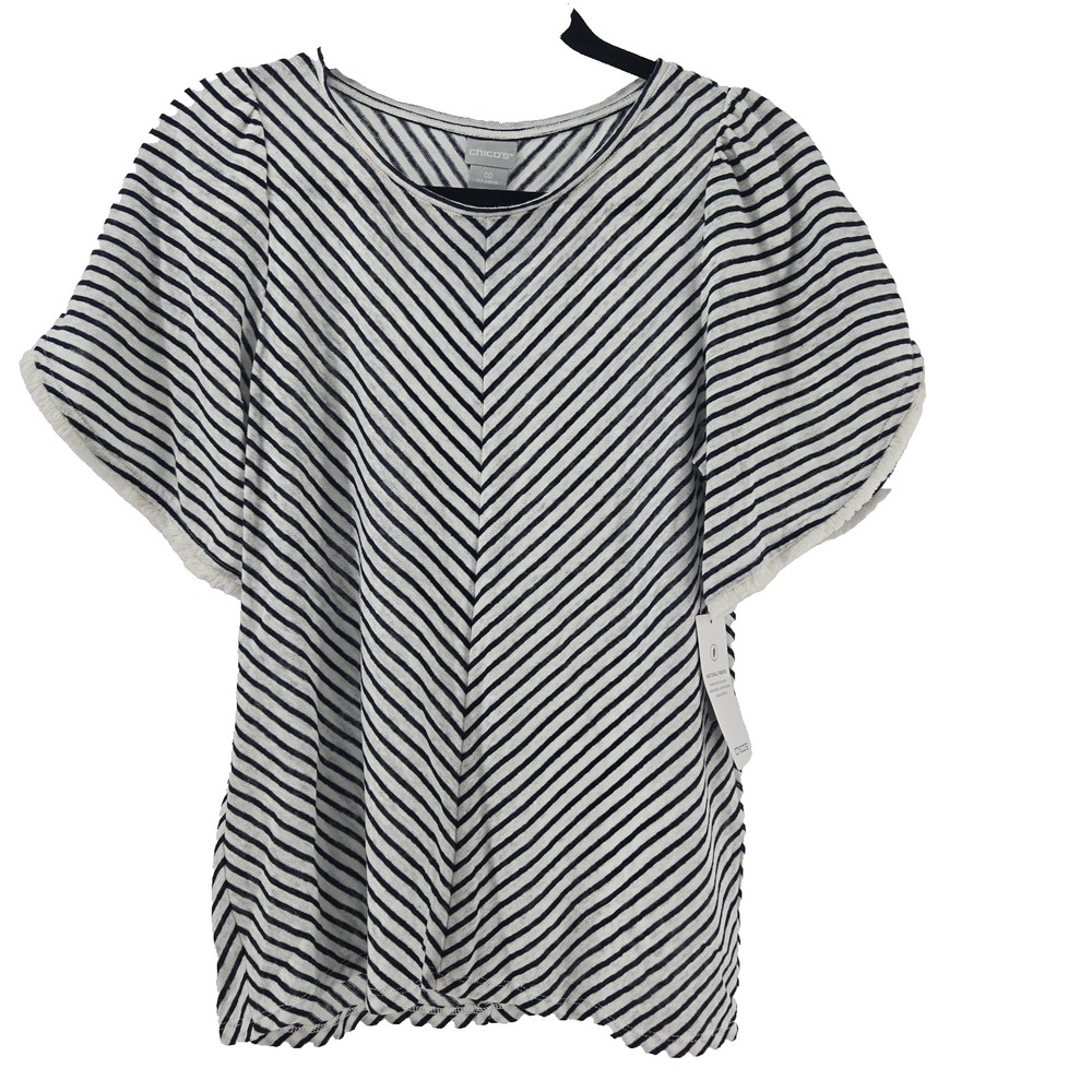 Chico's Size 00 XS Knit Top Striped Flutter Sleeve Linen Top New